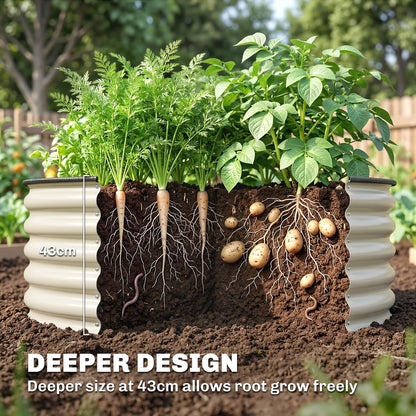 Galvanised Raised Garden Bed with Safety Edging, Outdoor Raised Planter Box with Gloves, 120 x 120 x 43cm, Cream White
