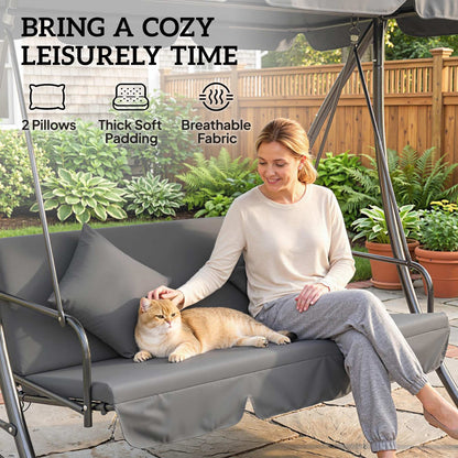 Outdoor 2-in-1 Swing Chair Lounger 3 Seater Garden Swing Seat Bed Convertible Tilt Canopy W/ Cushion, Light Grey
