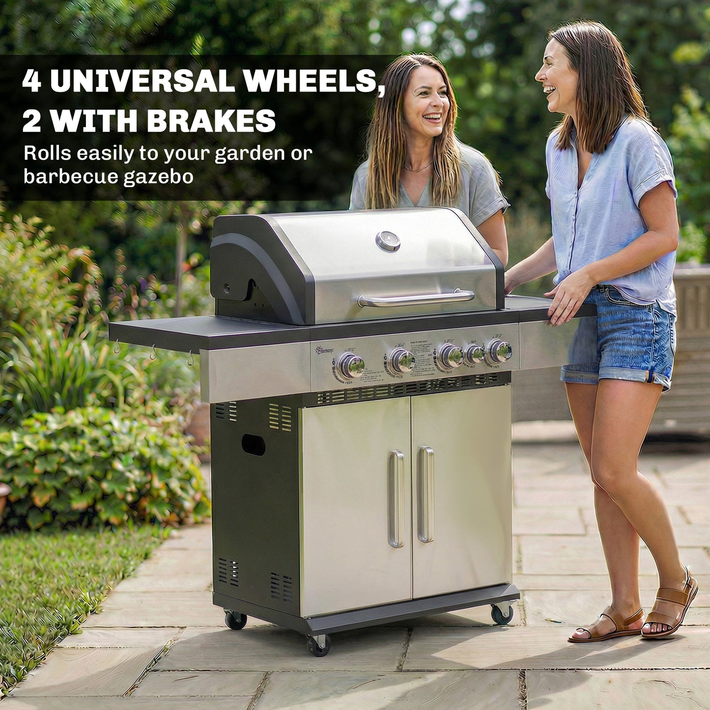 4+1 Burner Gas BBQ Grill, Portable Gas Barbecue Grill with Side Burner, Warming Rack, Side Shelf, Storage Cabinet