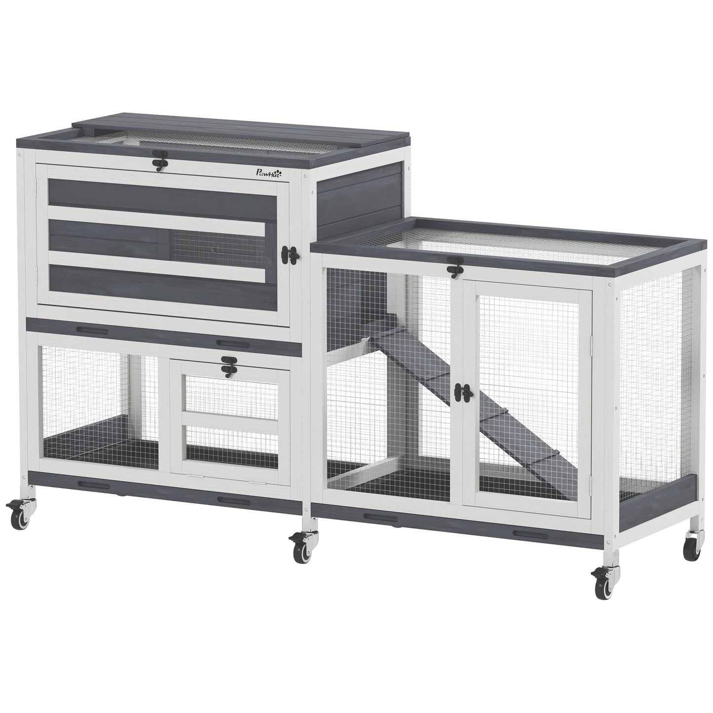 Wooden Rabbit Hutch with Run, 2-Tier Guinea Pig Hutch with Run, Wheels, 3 Plastic Trays, 2 Openable Top, for 2-3 Rabbits