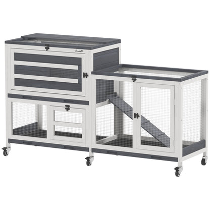 Wooden Rabbit Hutch with Run, 2-Tier Guinea Pig Hutch with Run, Wheels, 3 Plastic Trays, 2 Openable Top, for 2-3 Rabbits