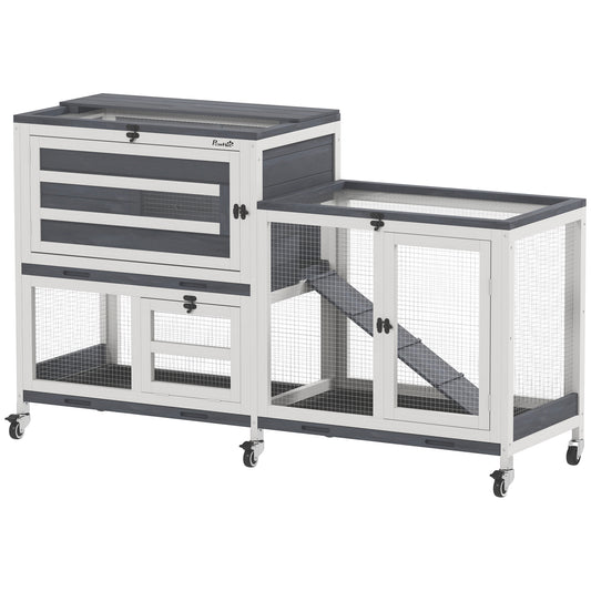 Wooden Rabbit Hutch with Run, 2-Tier Guinea Pig Hutch with Run, Wheels, 3 Plastic Trays, 2 Openable Top, for 2-3 Rabbits