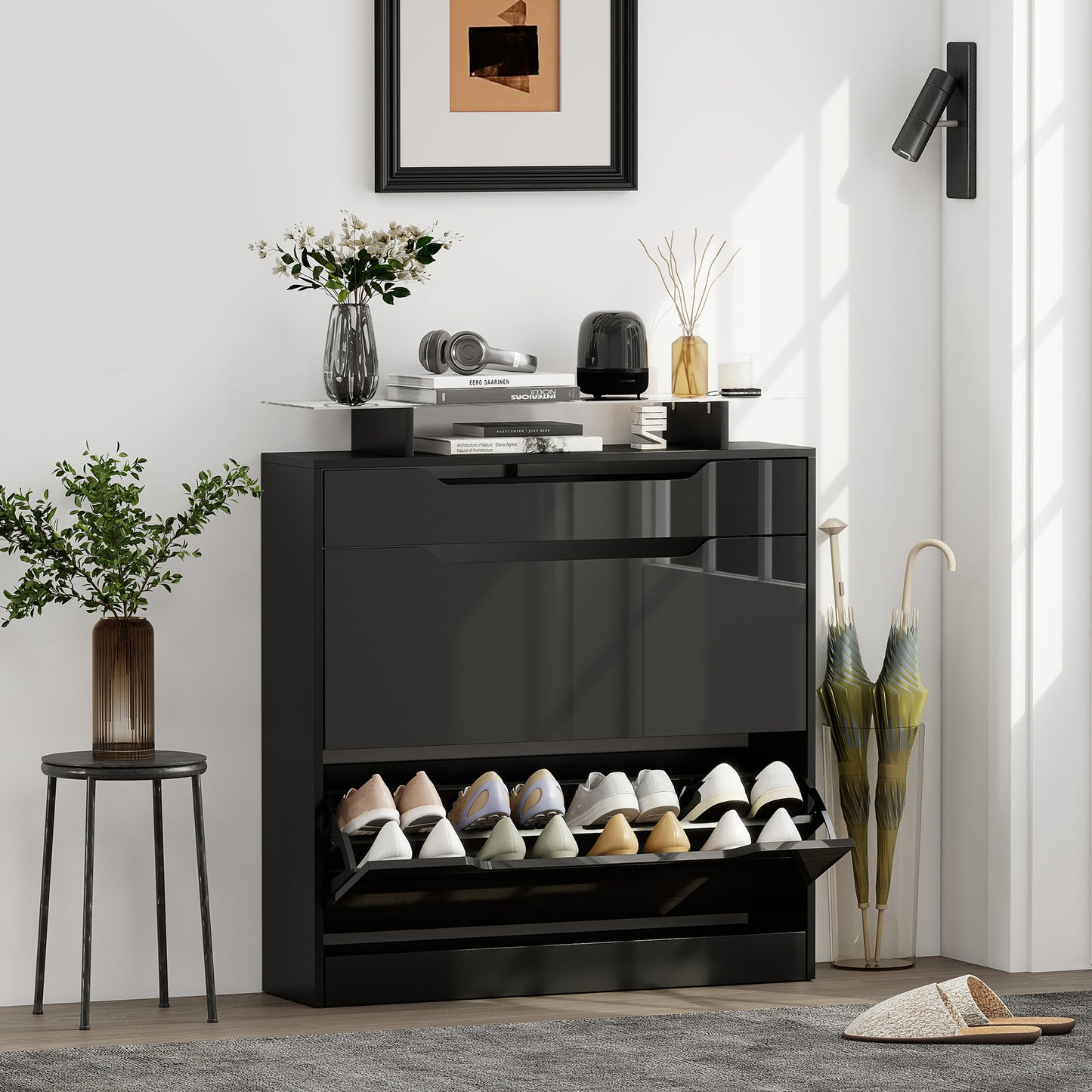 Shoe Storage Cabinet with Slide Out Drawer, 2 Flip Doors, Tempered Glass Top - Black