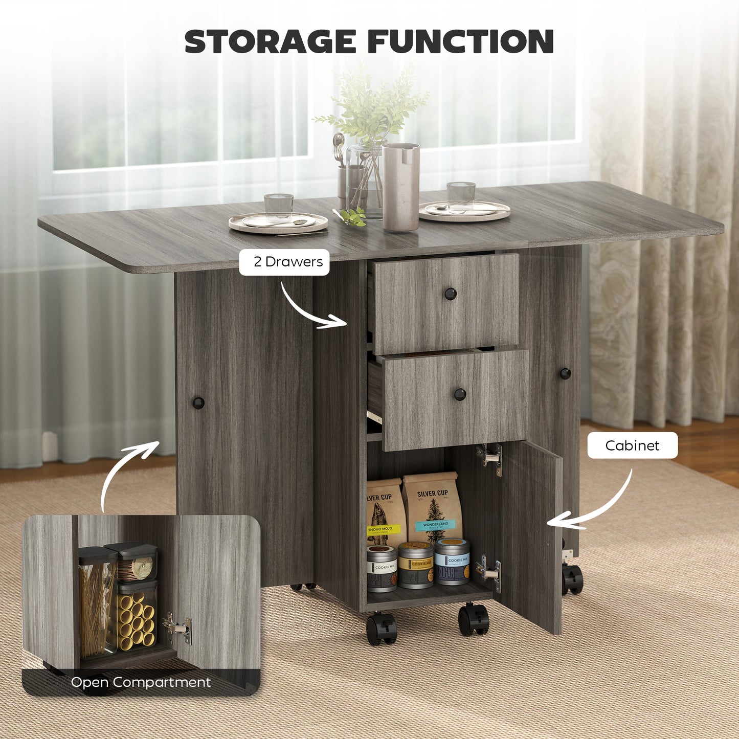 Multi-Storage Six-Person Drop Leaf Dining Table - Grey