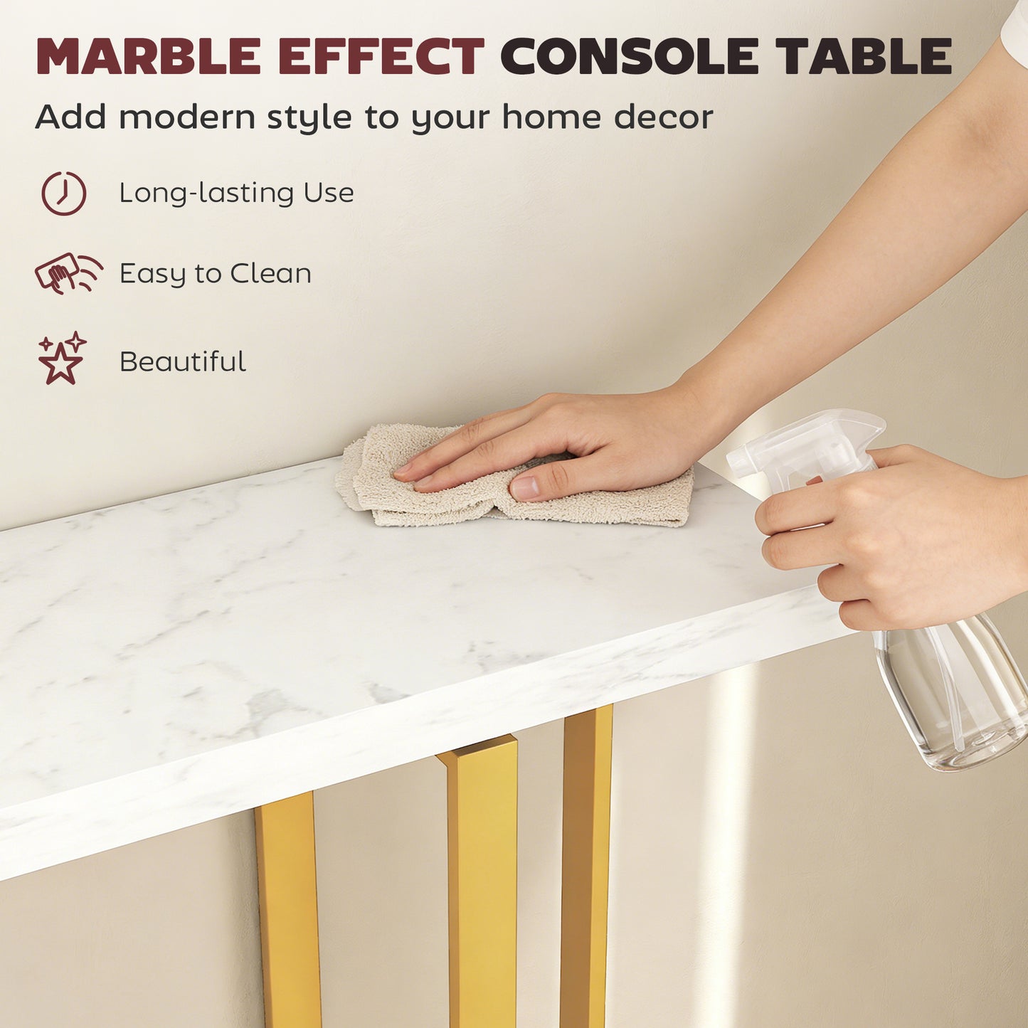 Console Table with Faux Marble Top, 100 cm Narrow Entryway Table with Anti-tipping Device, Steel Frame, White