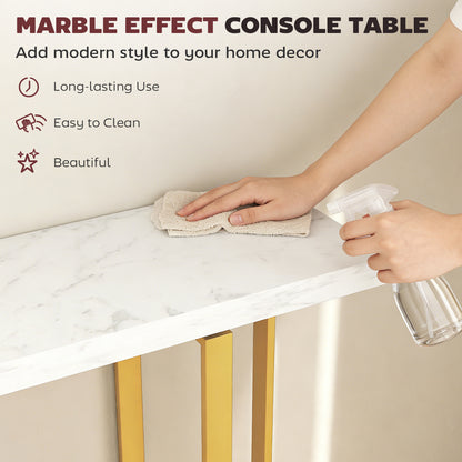 Console Table with Faux Marble Top, 100 cm Narrow Entryway Table with Anti-tipping Device, Steel Frame, White