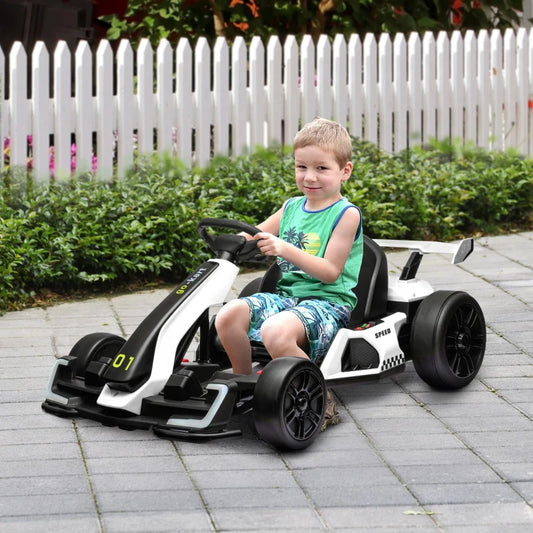 24V Electric Go Kart for Kids with Adjustable Seat and Headlights - White / Green / Black