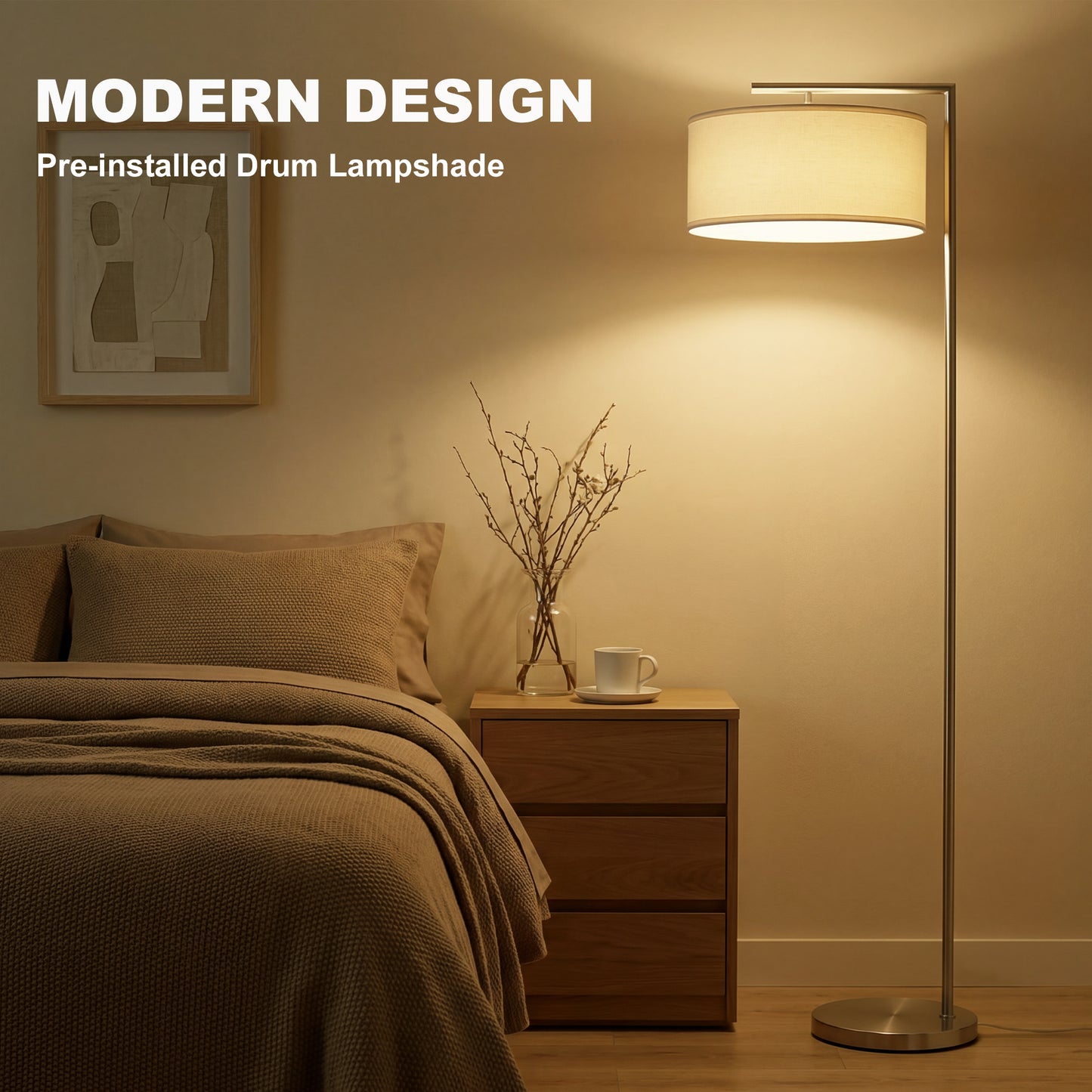 Floor Lamp, Modern Standing Lamp with Linen Lampshade, Round Base for Living Room, Bedroom, Dining Room, 153cm, Silver Tone