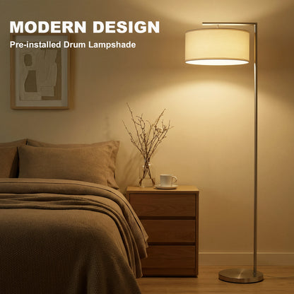 Floor Lamp, Modern Standing Lamp with Linen Lampshade, Round Base for Living Room, Bedroom, Dining Room, 153cm, Silver Tone