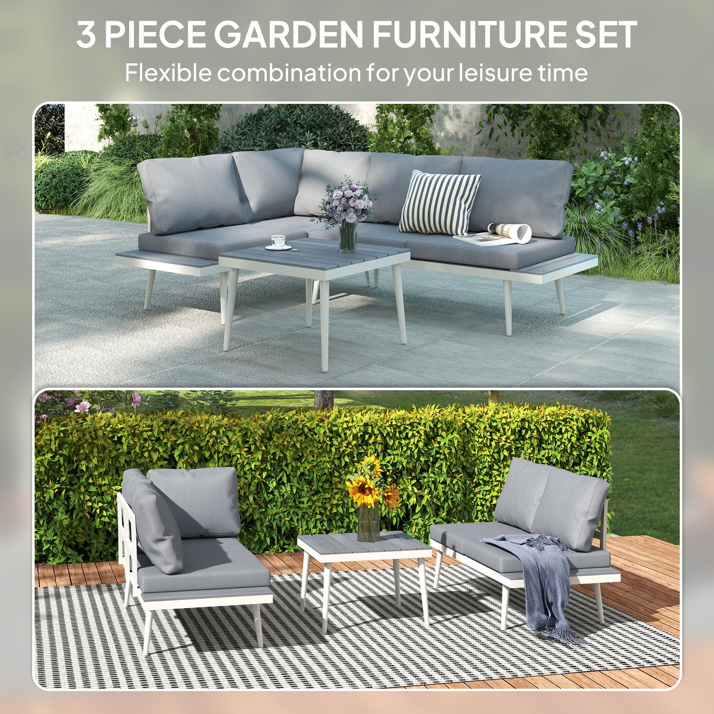 3 Piece Garden Furniture Set with 5-Level Adjustable Lounger, L Shaped Garden Corner Sofa with Cushions, Mesh Seat
