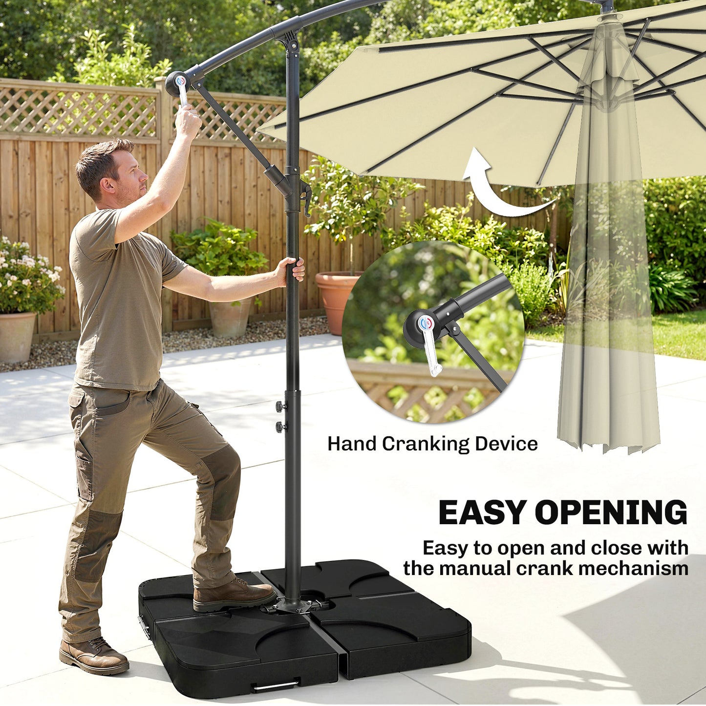 3m Overhanging Parasol, with Base, Weights and Cover - Sand brown