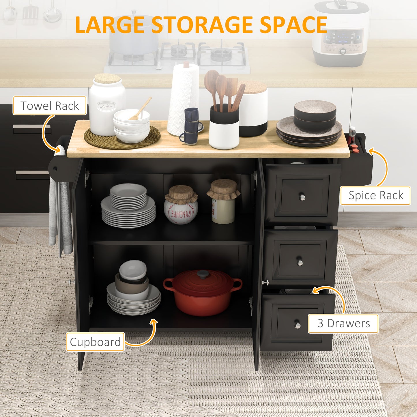 Kitchen Island with Drop Leaf, Rolling Kitchen Storage Trolley on Wheels with 3 Drawers, Black