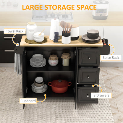 Kitchen Island with Drop Leaf, Rolling Kitchen Storage Trolley on Wheels with 3 Drawers, Black