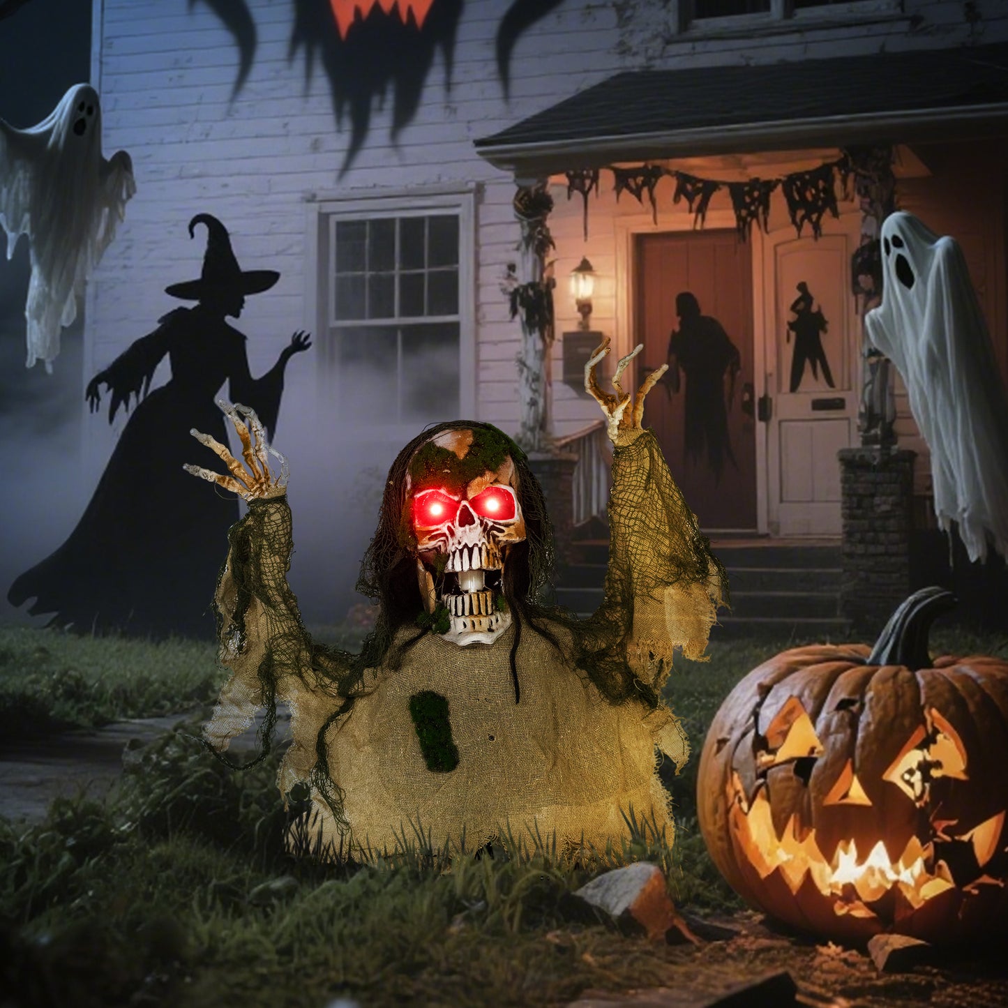 Halloween Animated Skeleton with Glowing LED Eyes, Half-Body Scary Halloween Decorations, Battery Operated