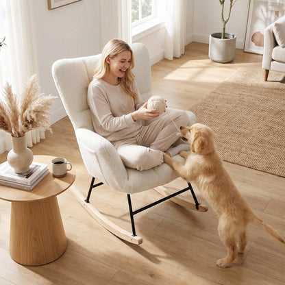 Rocking Chair, Teddy Fleece Rocker Chair with Tufted Wingback, Side Pockets, Rubber Wood Legs, Cream White