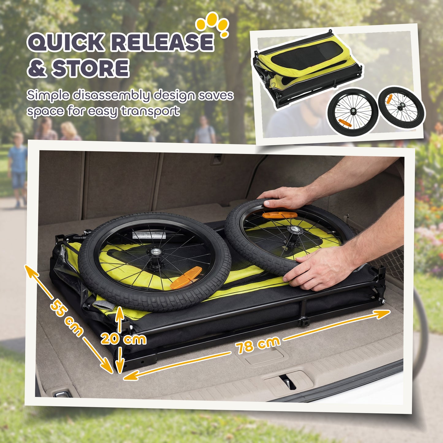 Dog Bike Trailer with Flip-Down Ramp Tailgate, Quick Release Frame, Universal Bicycle Coupler, Reflectors, Yellow
