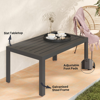 Outdoor Side Table, Rectangular Patio Coffee Side Table with Steel Frame and Slat Tabletop for Garden, Balcony, Grey