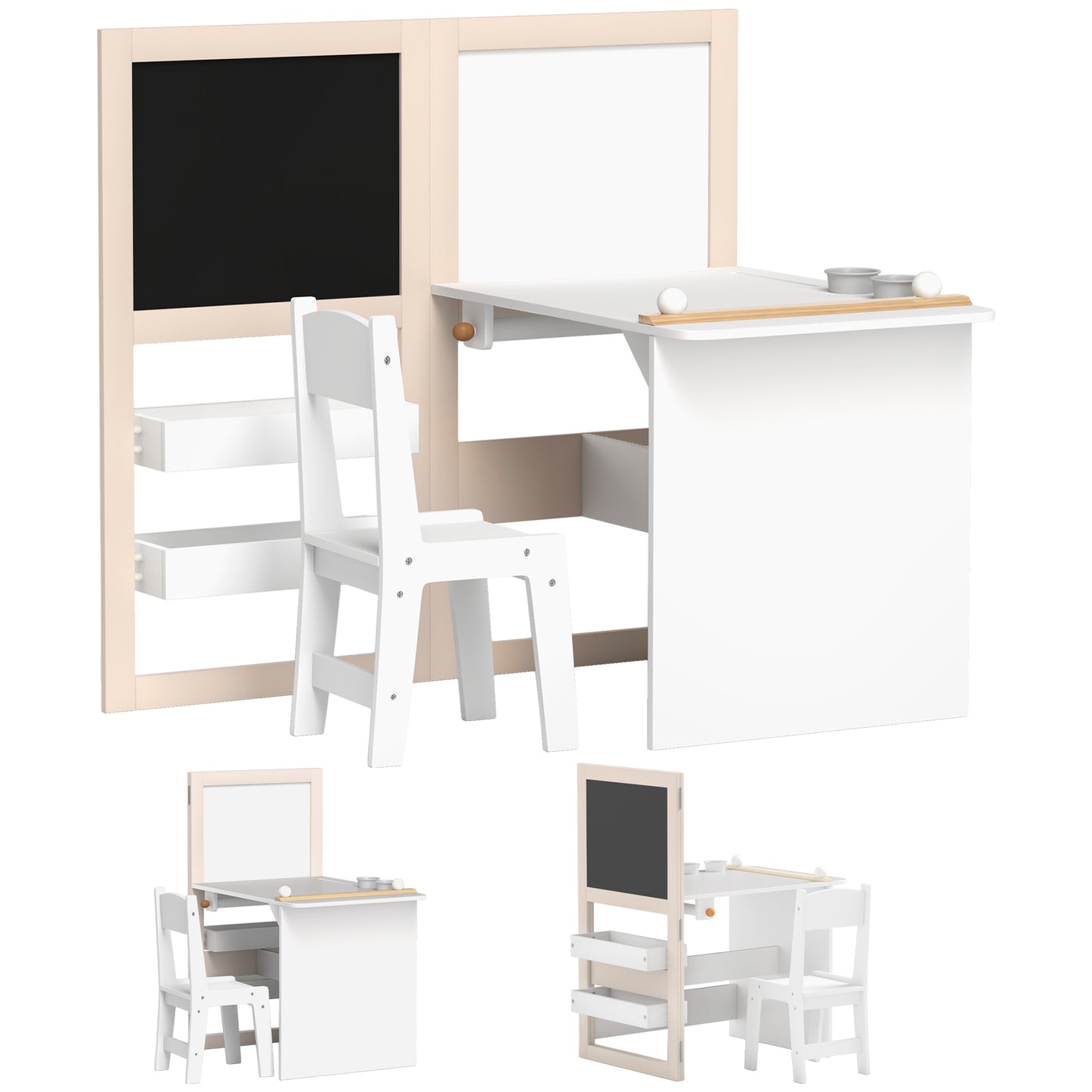 3 in 1 Kids Table and Chair Set with Storage, Whiteboard, Blackboard & Roll Paper for 3-8 Years, White