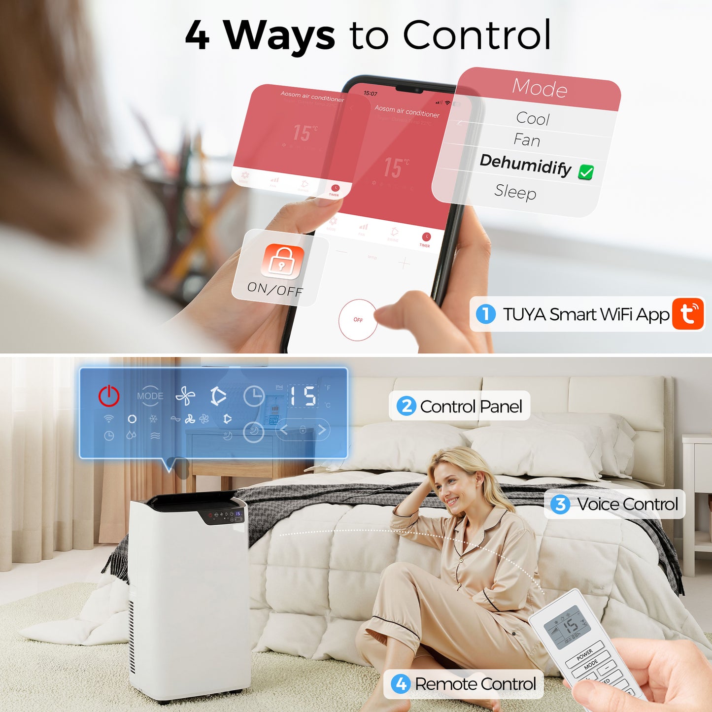 Portable Air Conditioner 14000 BTU, 4-in-1 AC Unit with Cool, Dehumidifier, Fan, Sleep Mode, WiFi Voice Remote Control