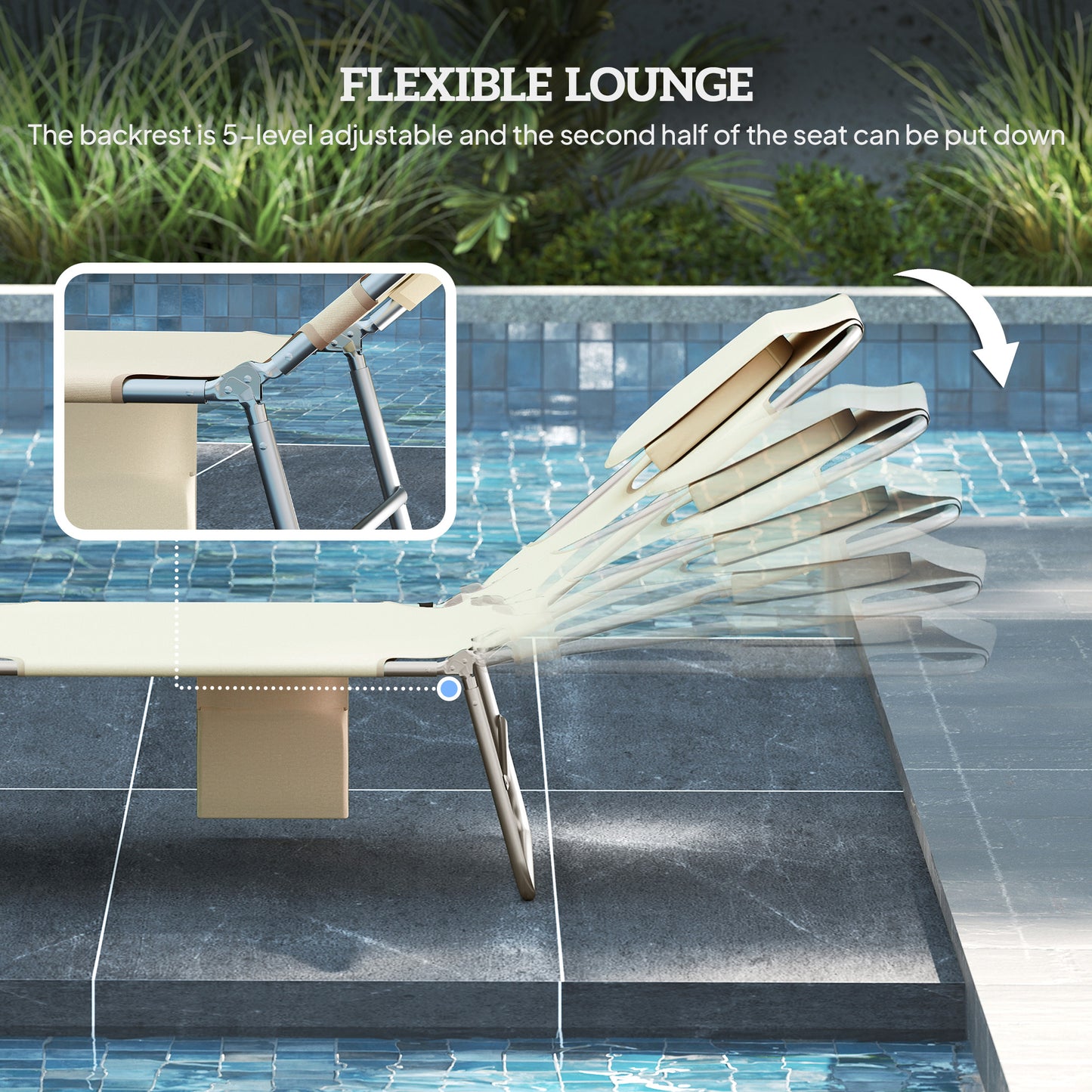 5-Position Adjustable Sun Loungers Set of 2 with Reading Hole and Side Pocket, Beige