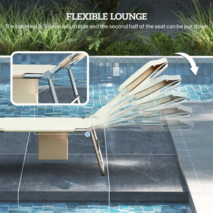 5-Position Adjustable Sun Loungers Set of 2 with Reading Hole and Side Pocket, Beige