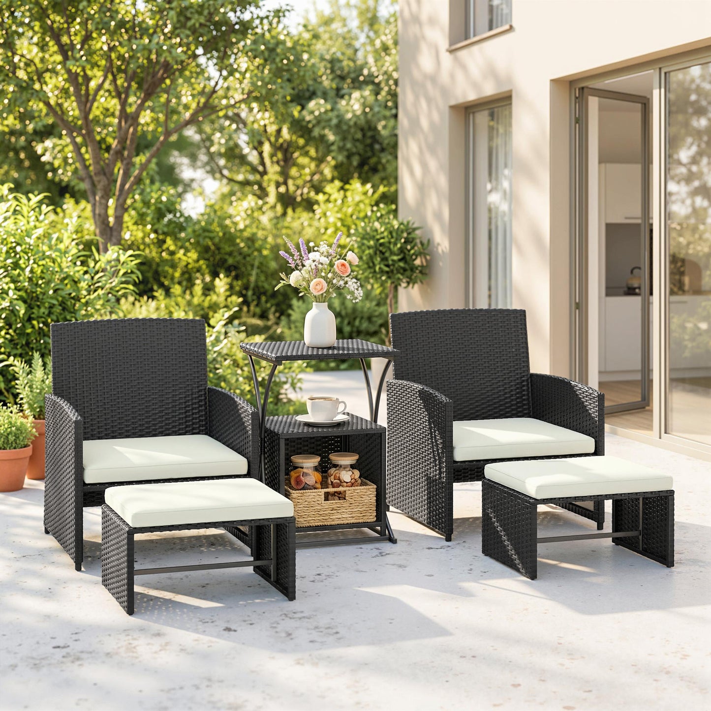 6 Piece Rattan Garden Furniture, Space-Saving Patio Furniture Set with Nesting Tables, Chairs, Stools, Cushions, Black