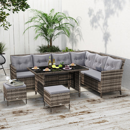 8 Seater Rattan Sofa Set, Rattan Garden Furniture Set with Tempered Glass Table & Thick Cushions, Grey