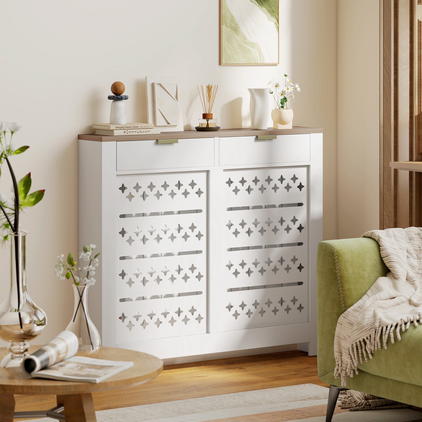 108 x 19 cm Minimal Radiator Cover, with 2 Drawers - White