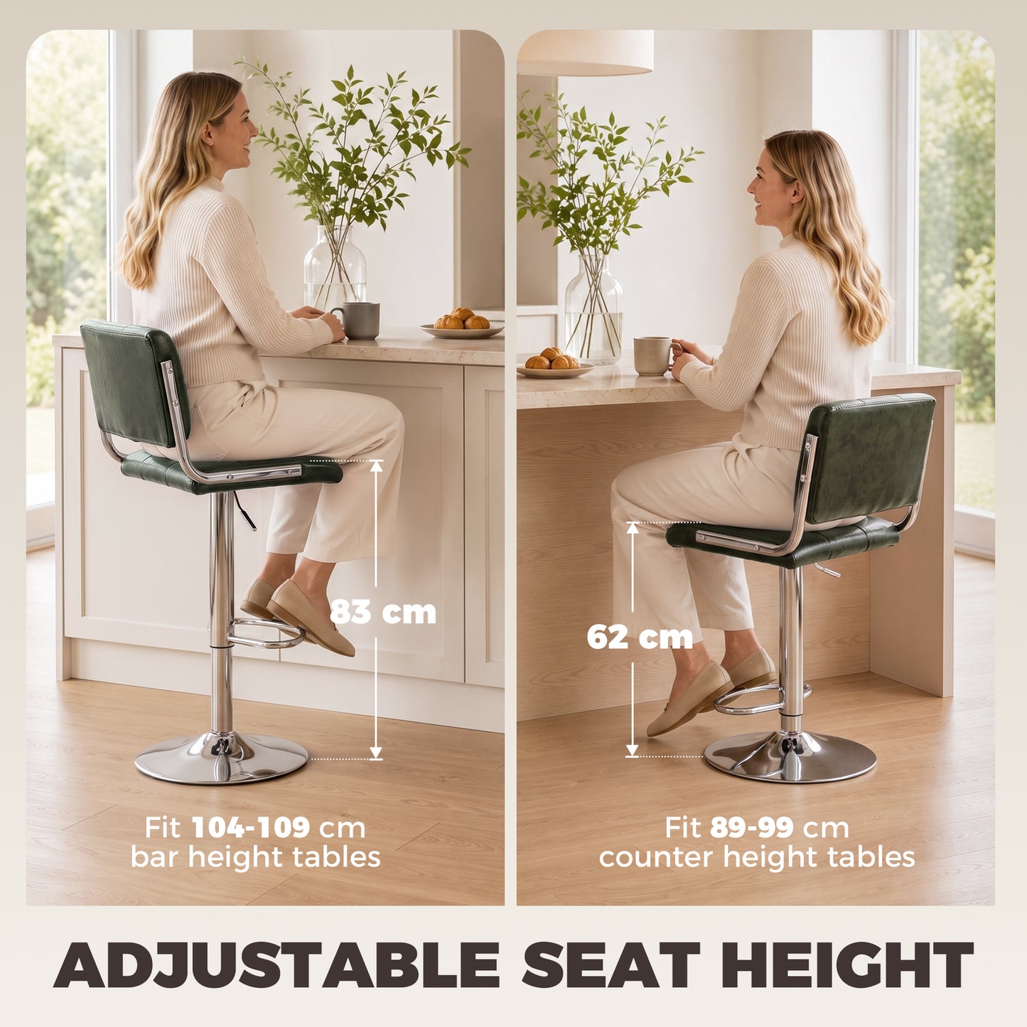 Bar Stools Modern PU Leather Adjustable Breakfast Bar Stools Backrest Set of 2 Green
