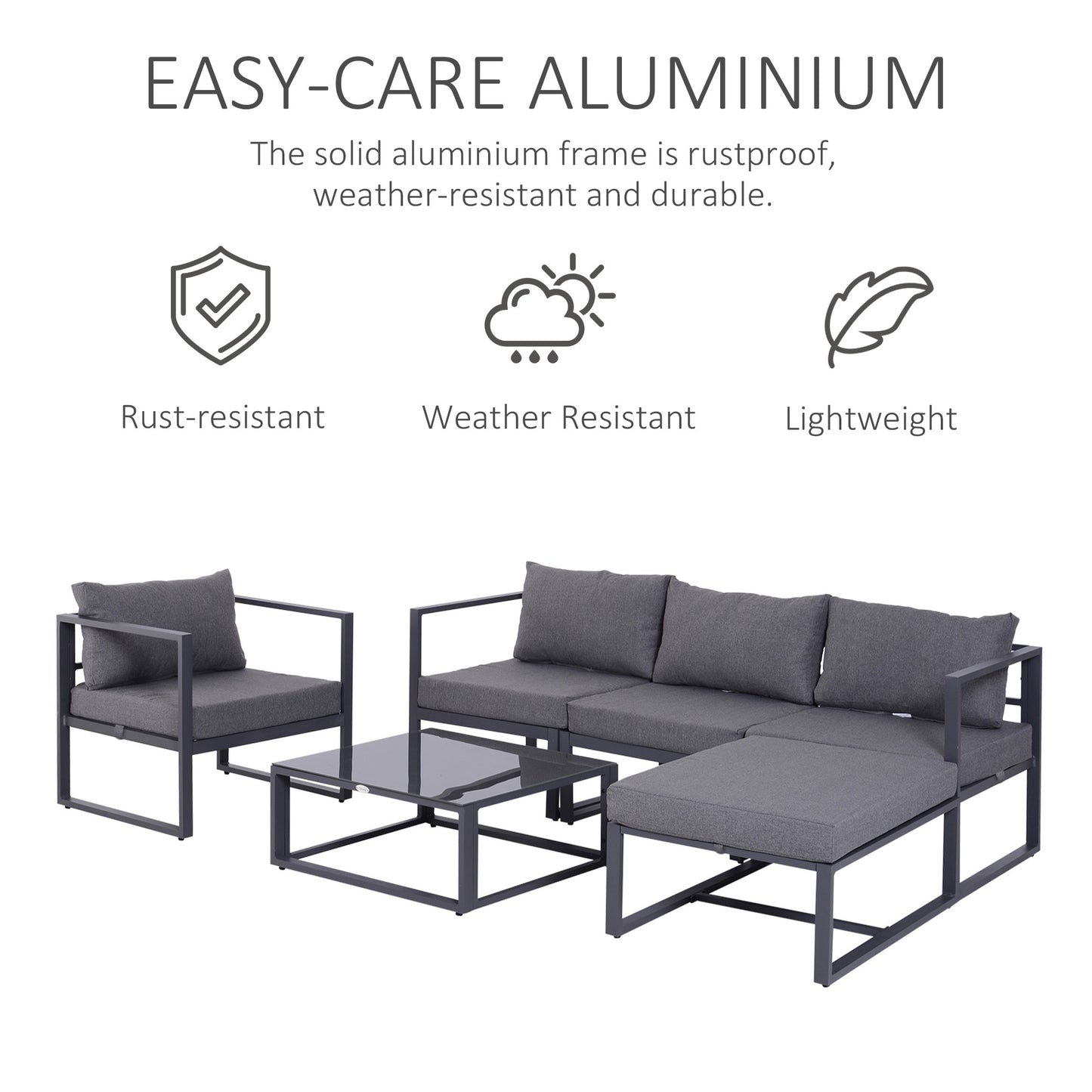 6 PCs Outdoor Indoor Sectional Sofa Set Thick Padded Cushions Aluminium Frame 5 Seaters 1 Coffee Table Footrest Grey