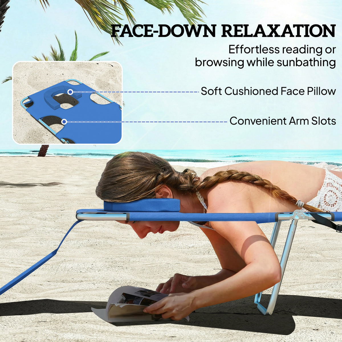 5-Position Adjustable Sun Loungers Set of 2 with Reading Hole and Side Pocket, Blue