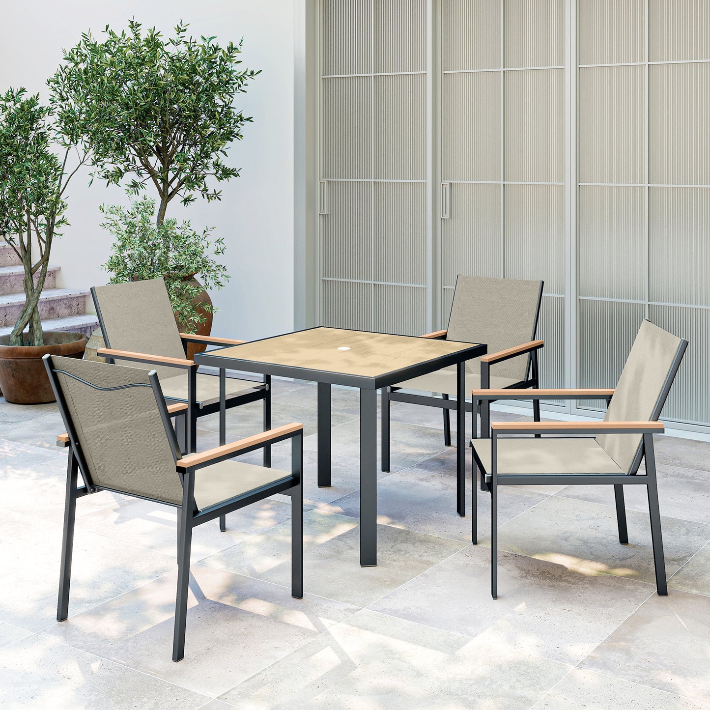 Five-Piece Metal Dining Set, with Glass-Top Table - Khaki
