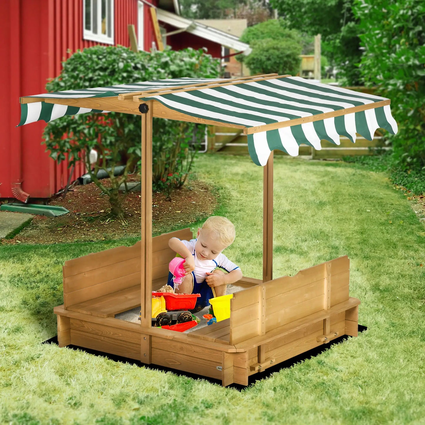 Kids Square Wooden Sandpit with 2 Benches and Adjustable Canopy - Green