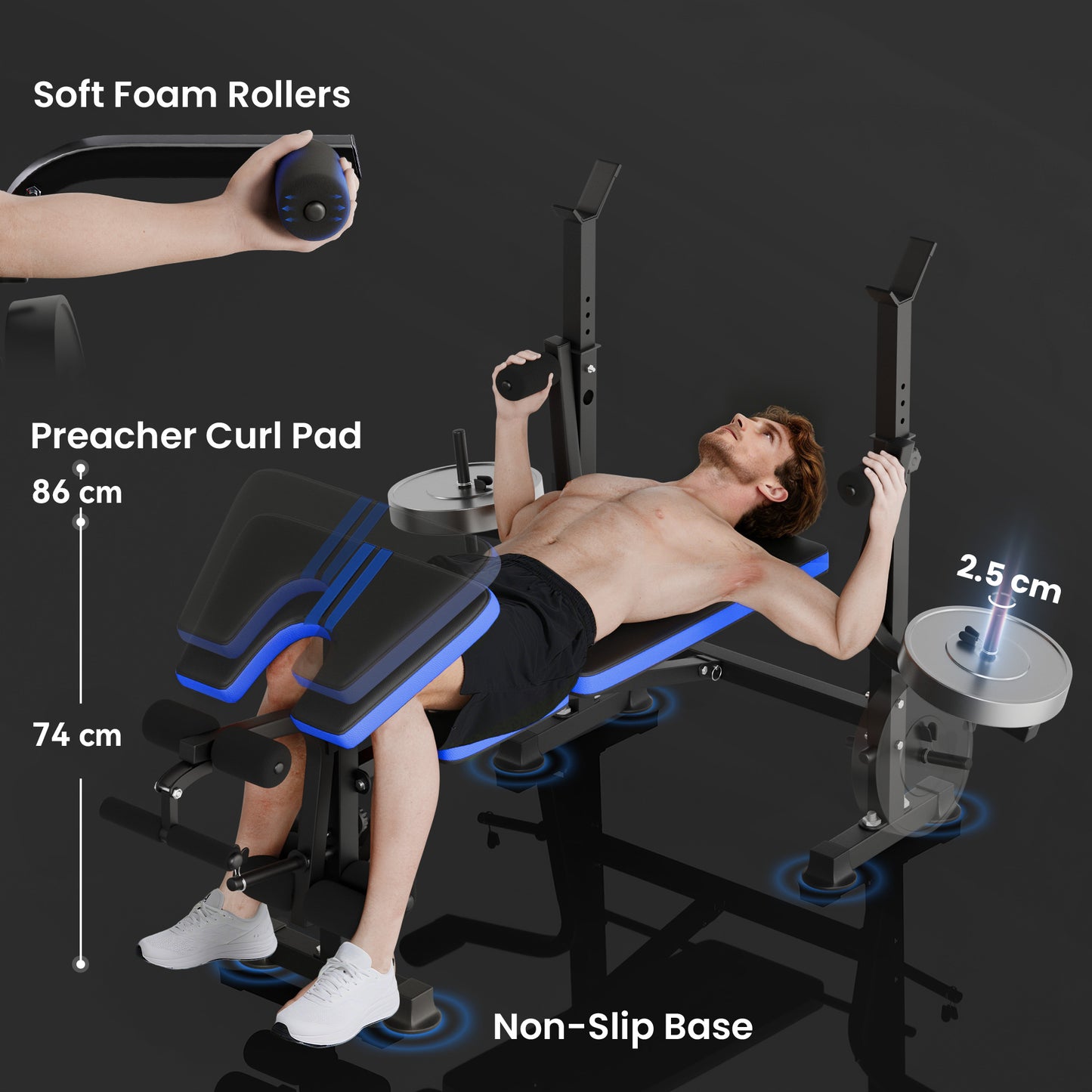 Adjustable Weight Bench with Leg Extension, Barbell Rack, Preacher Curl Pad, Butterfly