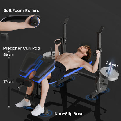 Adjustable Weight Bench with Leg Extension, Barbell Rack, Preacher Curl Pad, Butterfly