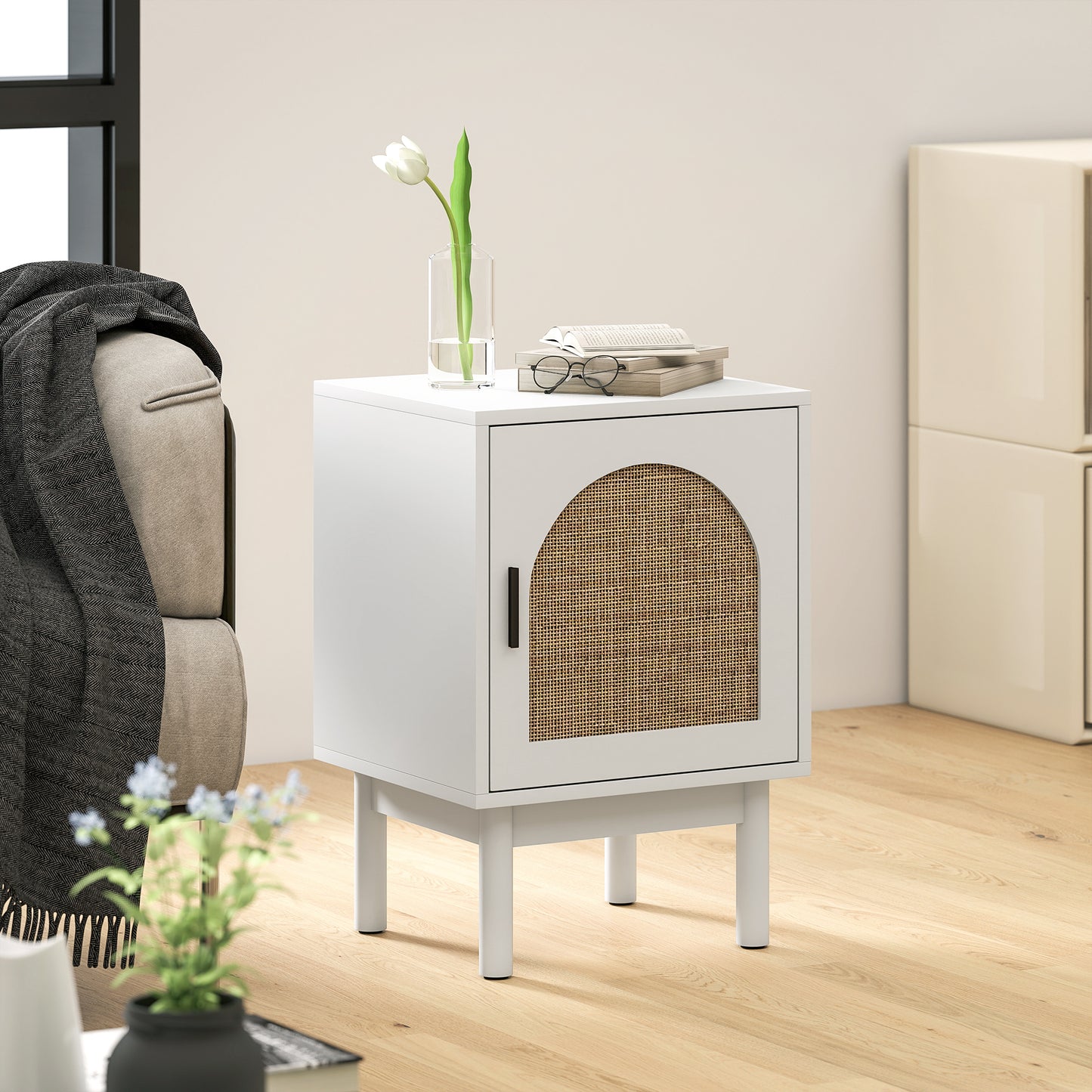 Rattan Bedside Table for Bedroom - White