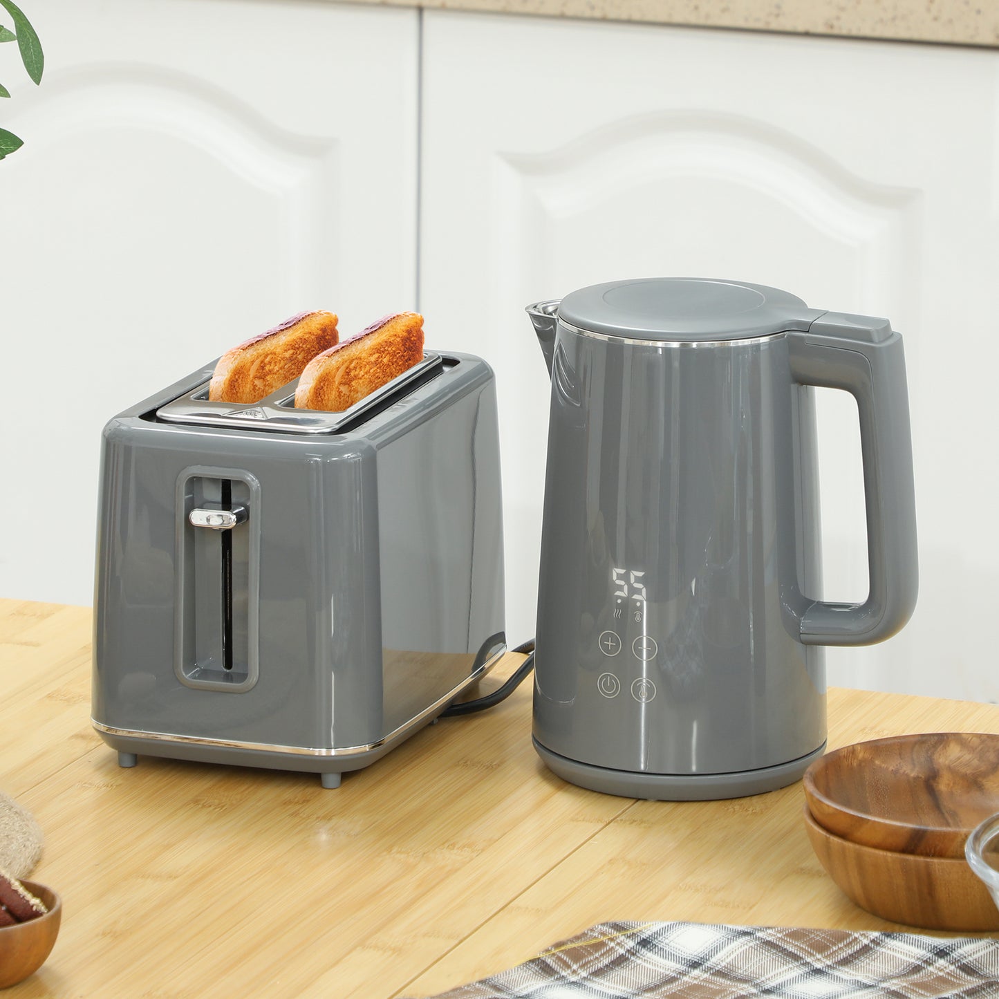 Digital Stainless Steel Kettle and Toaster Set, 1.5L 3000W Fast Boil Kettle, 2 Slice Toaster with 7 Level Browning Controls