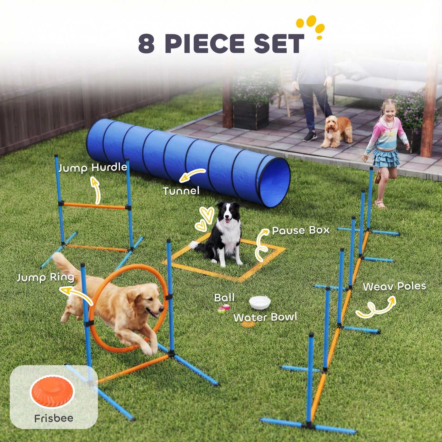 Dog Agility Equipment, 8PCS Agility Training Set with Tunnel, Weave Poles, Adjustable Hurdles, Jump Ring