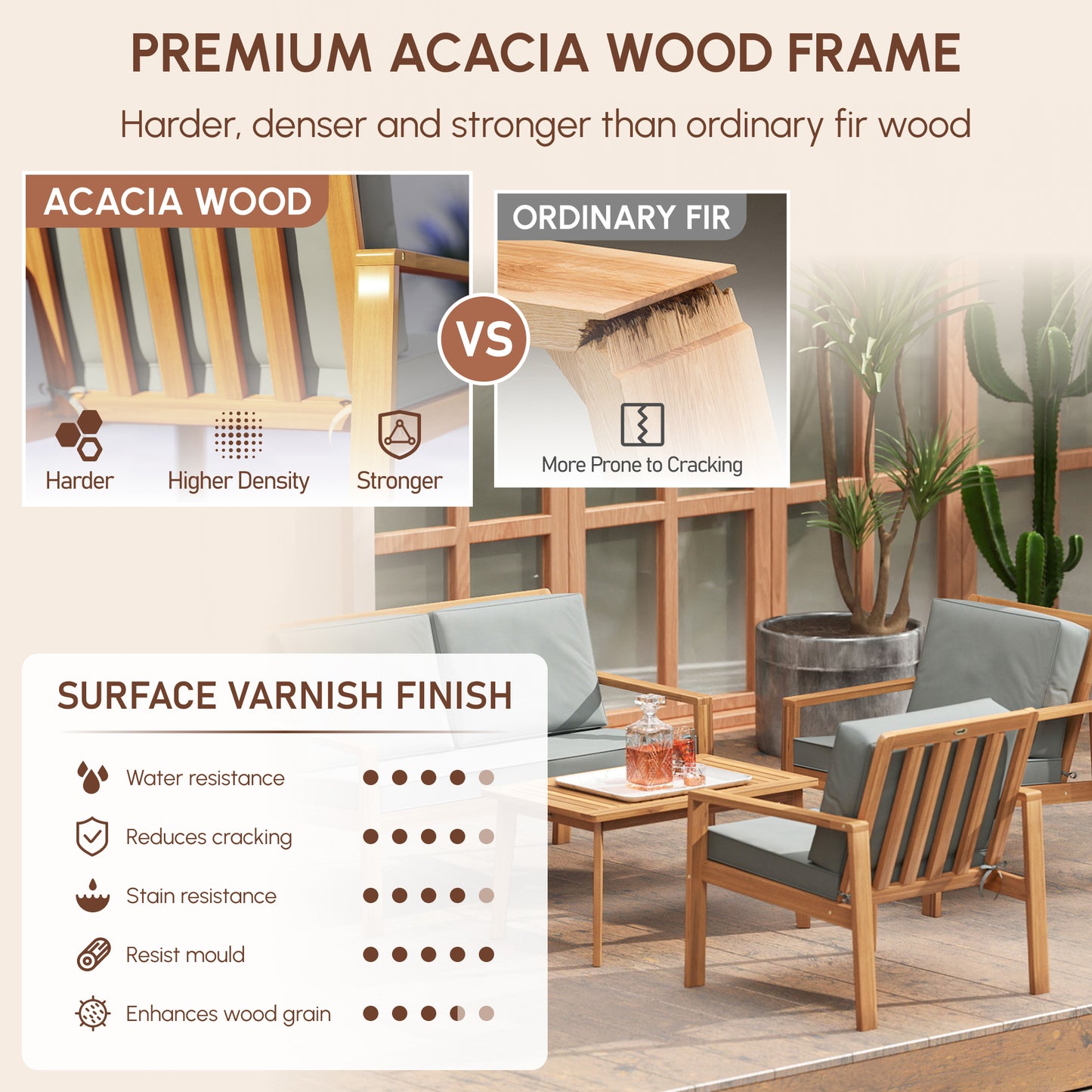 4-Piece Wooden Garden Furniture Set with Cushions - Teak