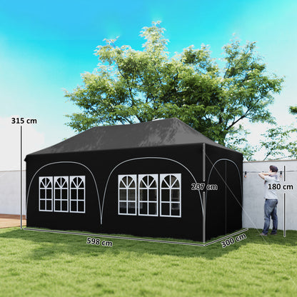 3 x 6m Pop Up Gazebo Shelter with Sides, 6 Sandbags, Peak Top Garden Party Tent Marquee with Carry Bag, Black