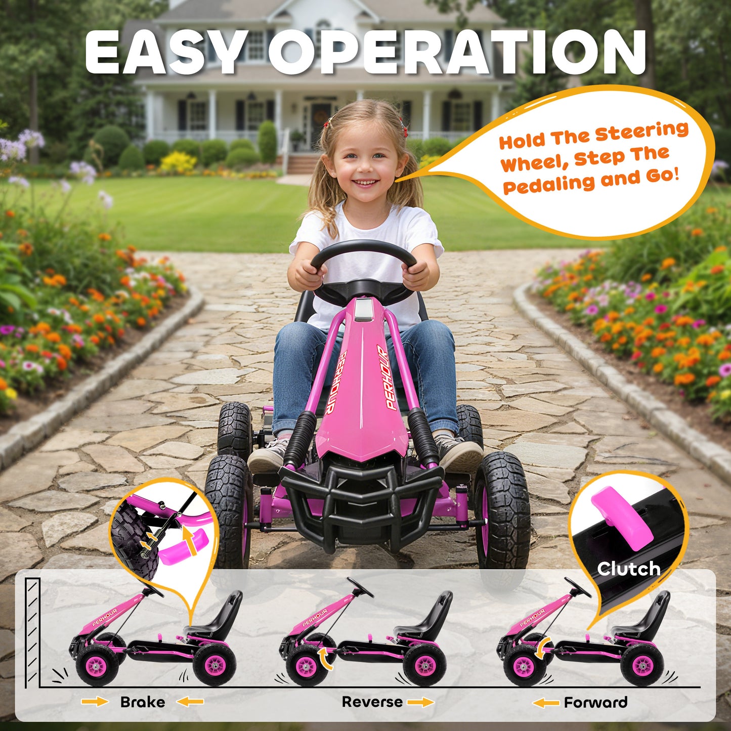 Kids Pedal Go Kart with Adjustable Seat, EVA Tyres, Manual Clutch, Brake, Go Kart for Kids 3-8 Years, Pink