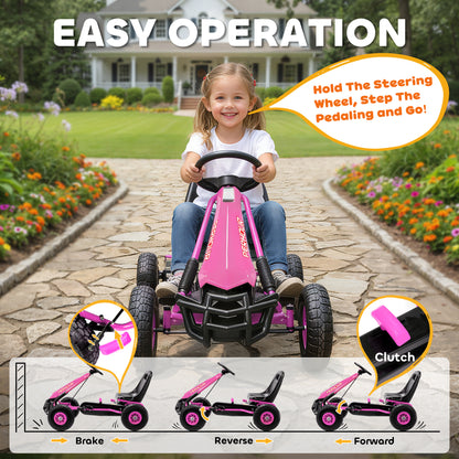 Kids Pedal Go Kart with Adjustable Seat, EVA Tyres, Manual Clutch, Brake, Go Kart for Kids 3-8 Years, Pink