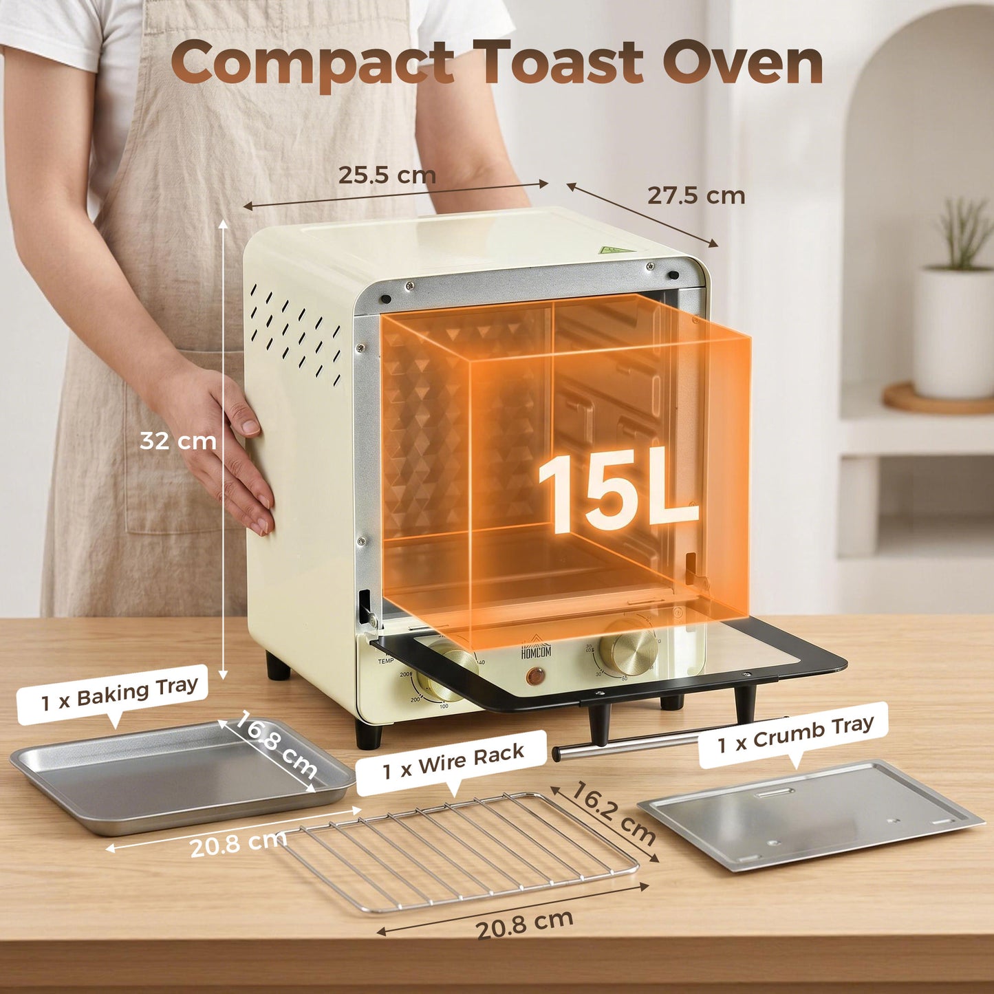Mini Oven, 15 Litres Electric Oven and Grill with 60-230℃ Adjustable Temperature, 60 Minute Timer, Include Baking Tray