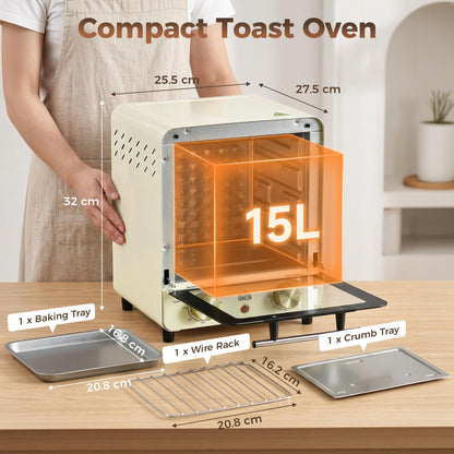 Mini Oven, 15 Litres Electric Oven and Grill with 60-230℃ Adjustable Temperature, 60 Minute Timer, Include Baking Tray