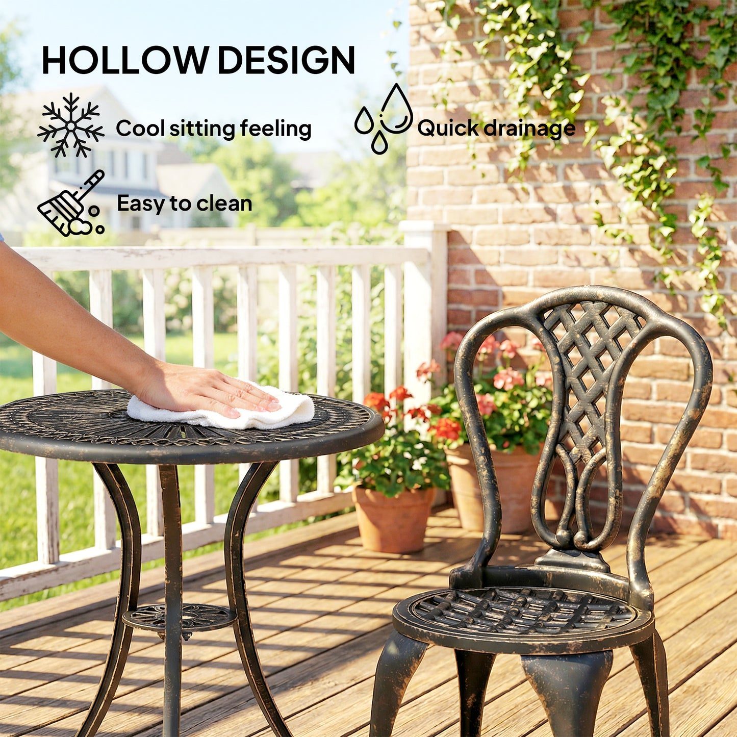 Outdoor Bistro Set for 2 Cast Aluminium Patio Furniture with Round Table Umbrella Hole Brown