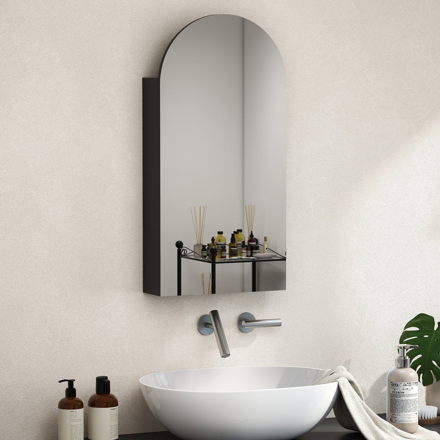 Arched Bathroom Mirror Cabinet with Adjustable Glass Shelves - Black