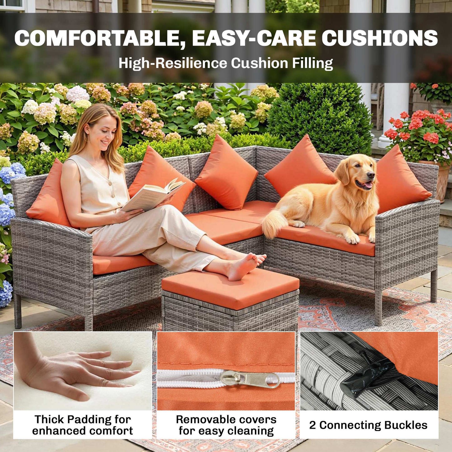 6-Seater Rattan Dining Set Sofa Table Footstool Outdoor w/ Cushion Garden Furniture, Orange