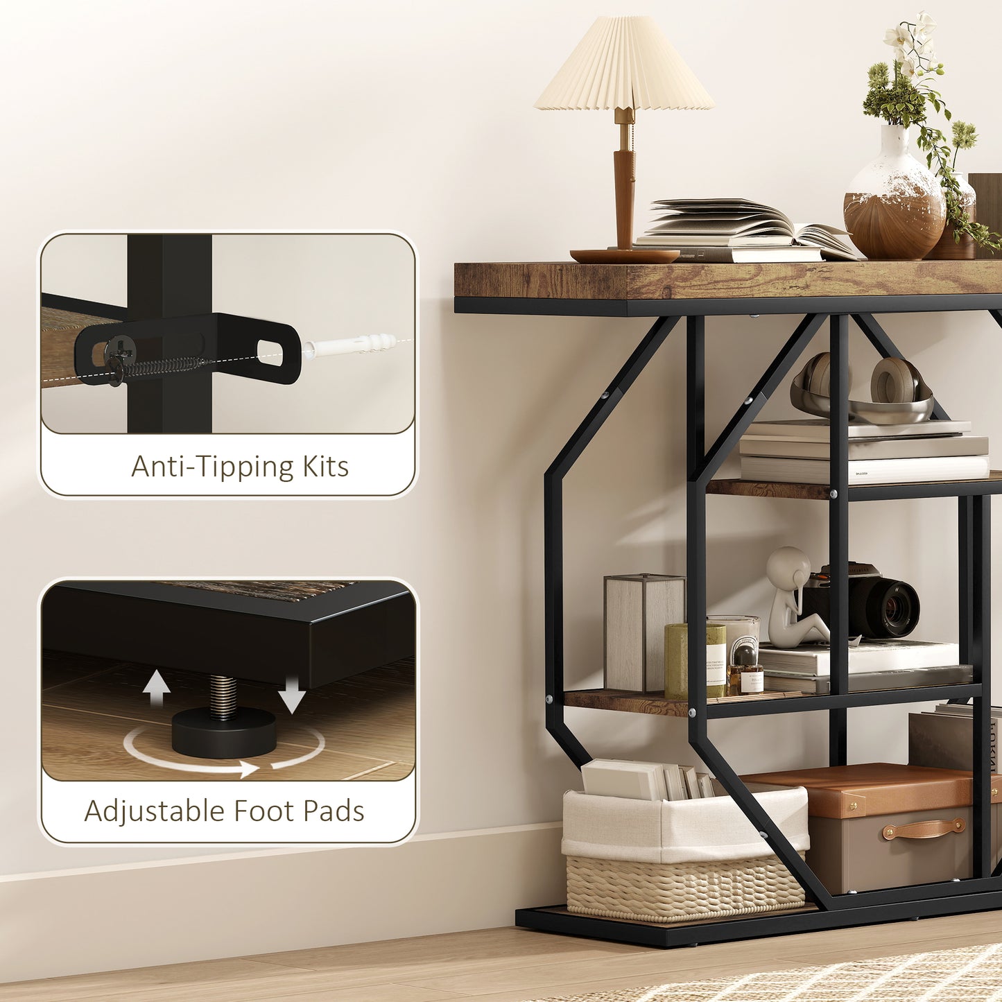 4-Tier Industrial Console Table - Rustic Brown