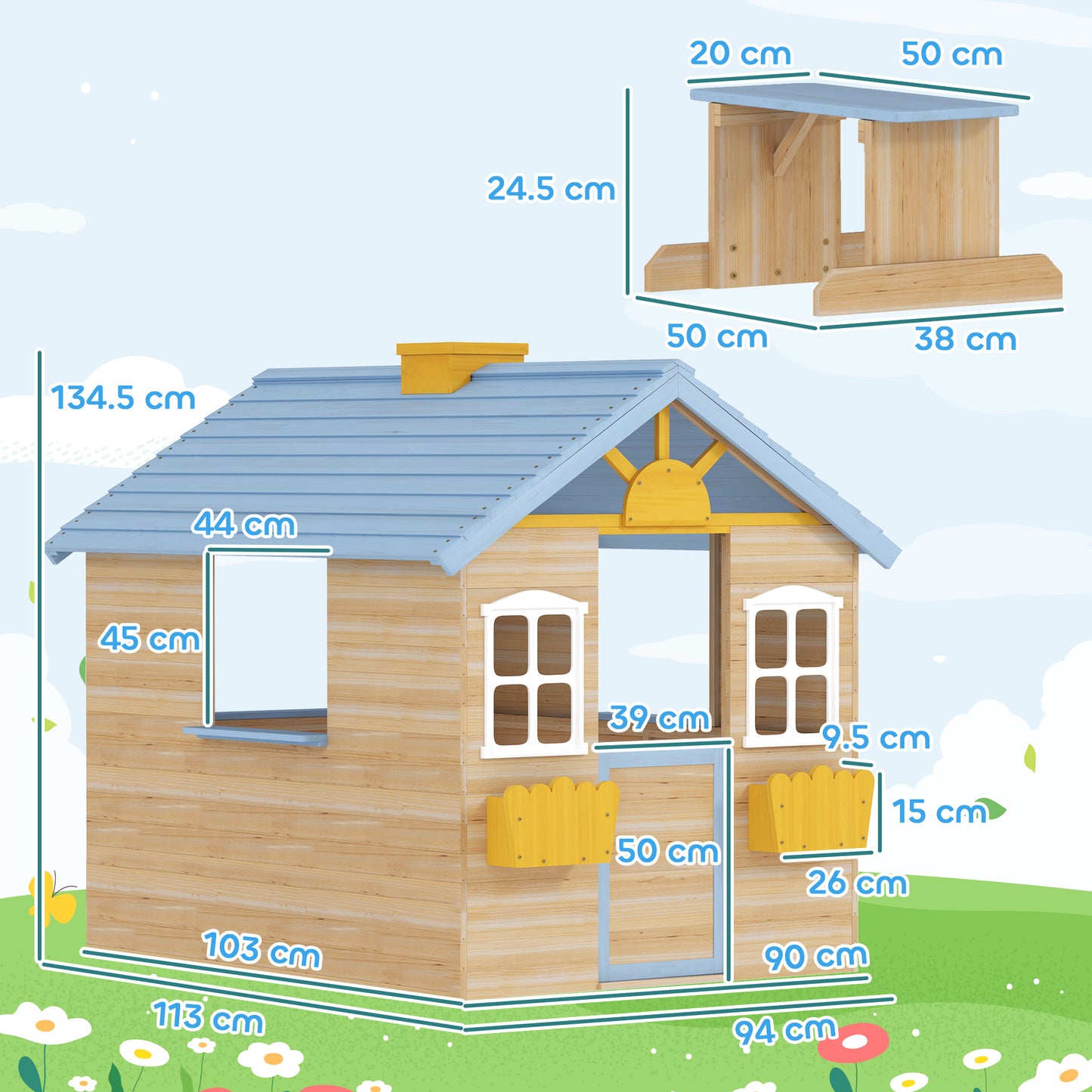 Wooden Playhouse, Wendy House with Door, Bench, Flowerpot Holder, for Ages 3-7 Years, Blue