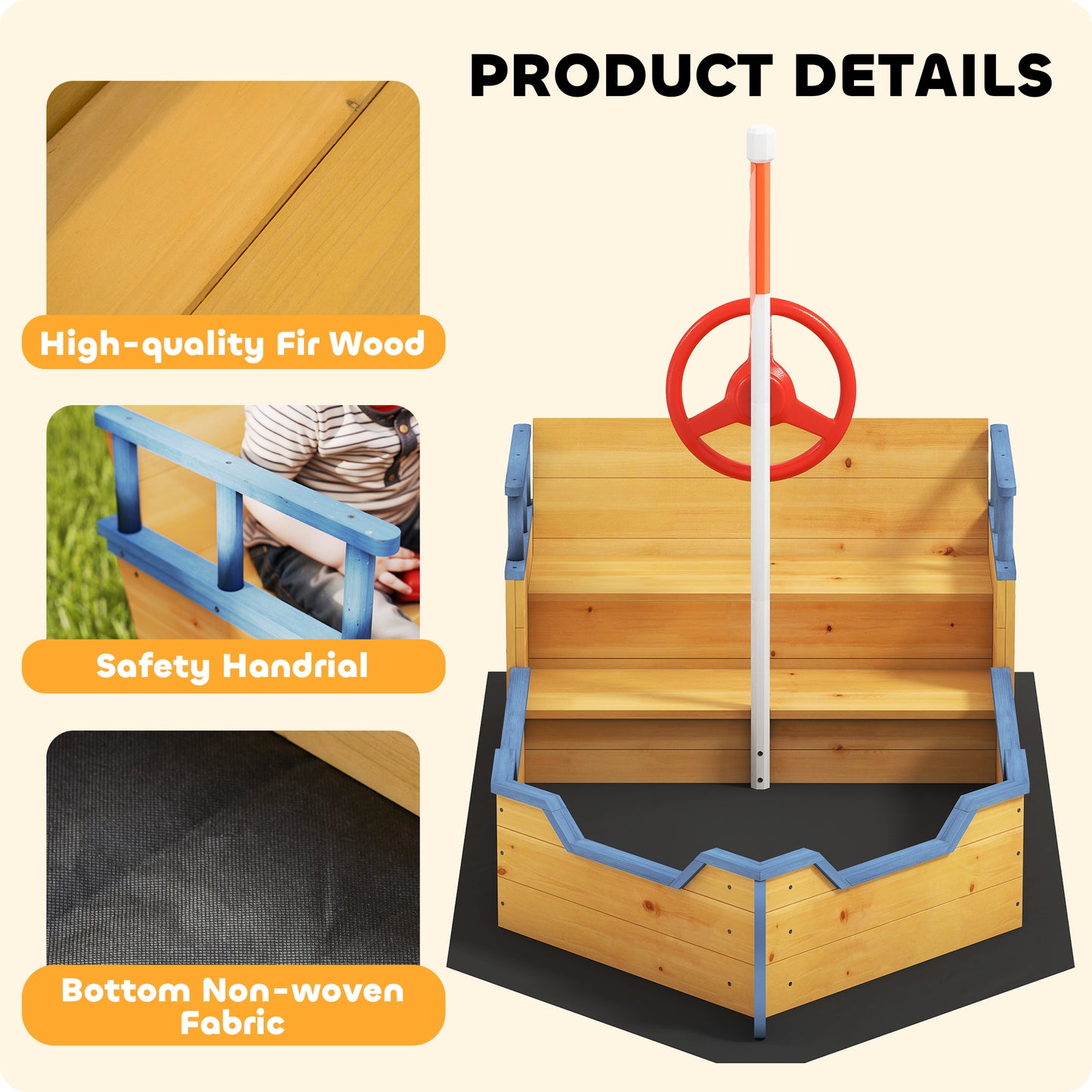 Kids Sand Pit, Children Pirate Ship Sandbox with Bench, Bottom Liner, Seat, Natural Wood Tone